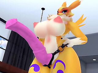 Renamon devours a strapon, expertly pleasuring a lucky femboy in a steamy encounter.